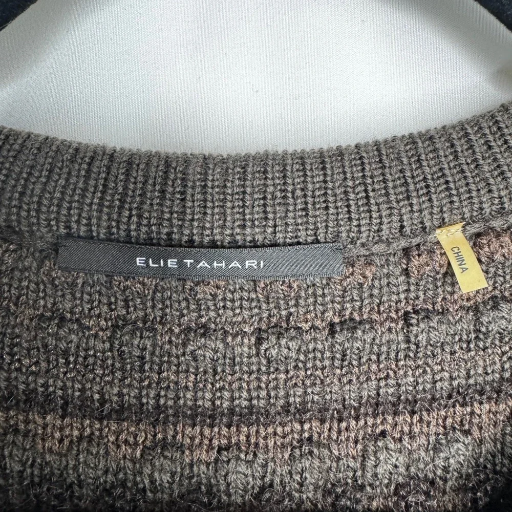 Elie Tahari Women's Twee Brown Wool Knit Cardigan Sz S‎ 1/2 Sleeve Button Front